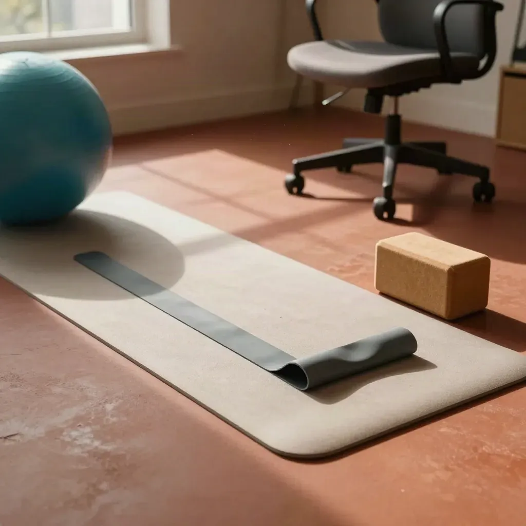 Tappetino, banda elastica, blocco yoga, sedia da ufficio e pallina mobility su pavimento caldo.
