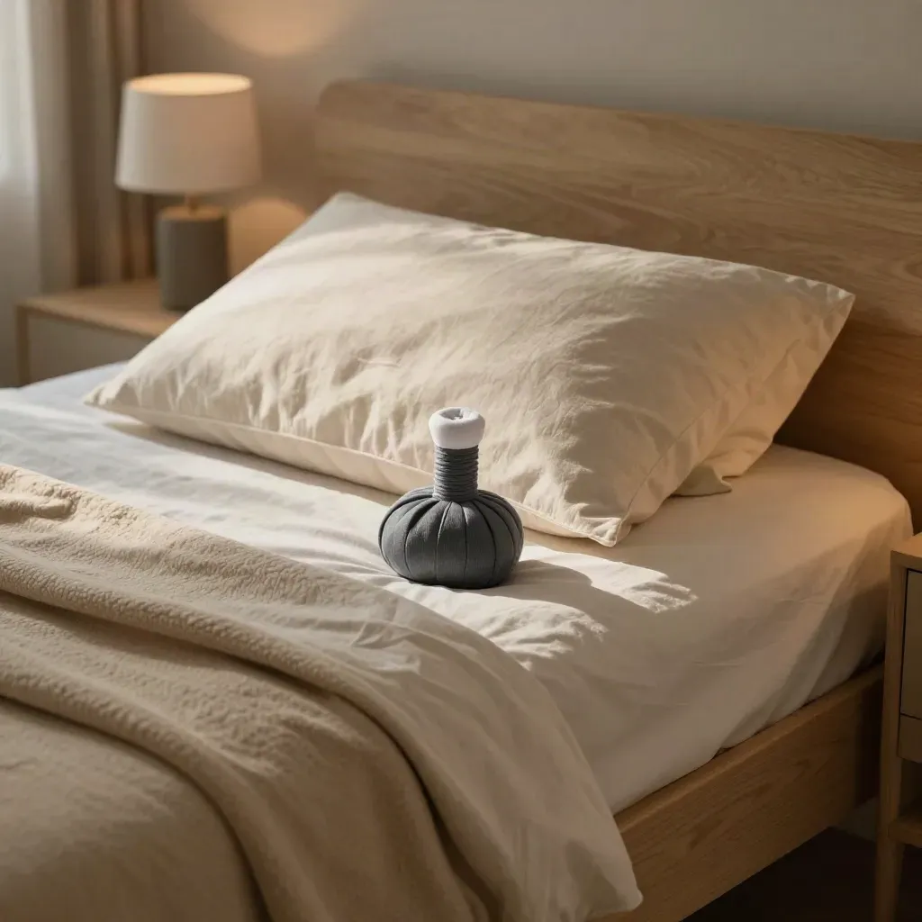 Camera da letto essenziale preparata per un sonno sereno, con cuscino rialzato e impacco caldo.