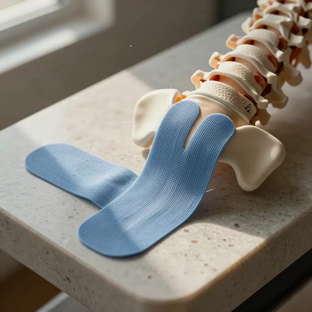Elastico, tape kinesiologico e colonna miniatura su banco in pietra clinico