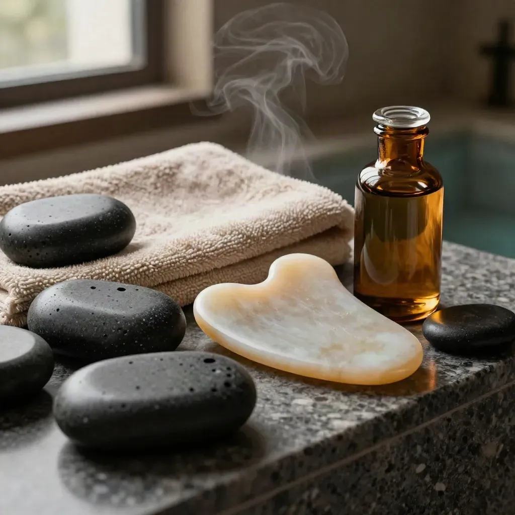 Pietre basaltiche calde, lino in vapore, pettine gua sha e olio su una mensola spa.