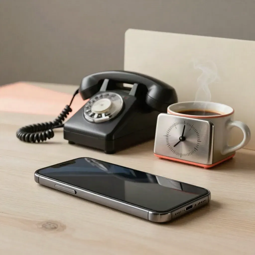 Smartphone, telefono retrò, tazza di caffè e timer in acciaio su legno chiaro.