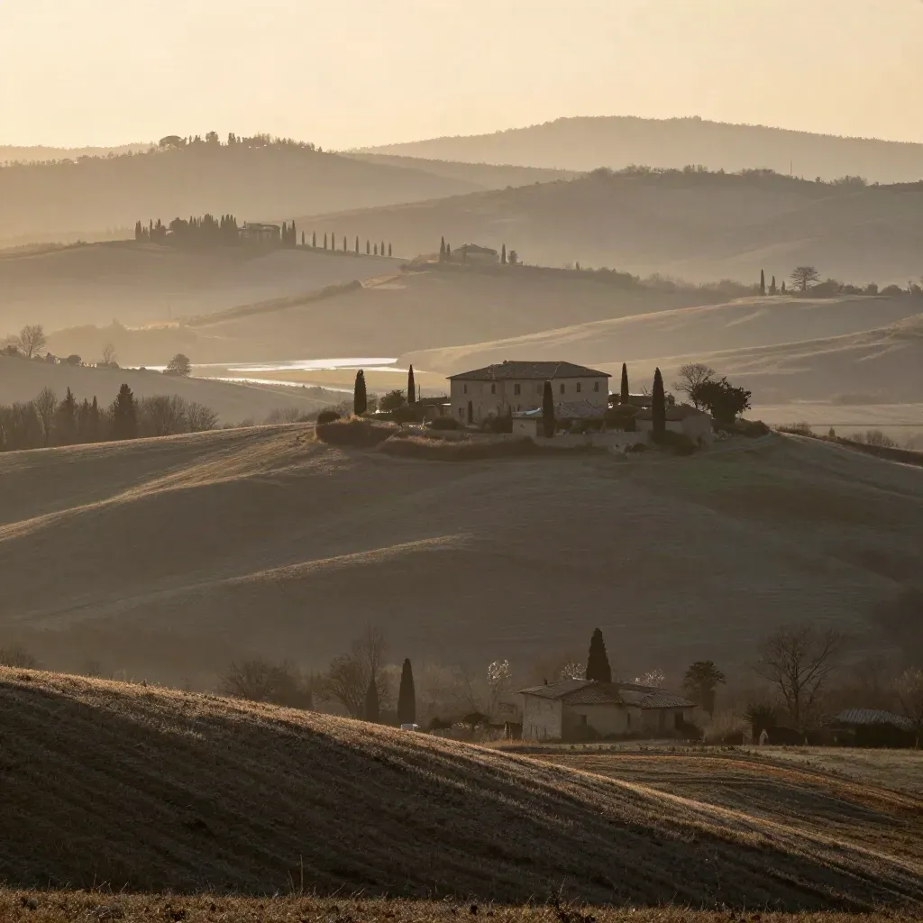 Brianza all’alba con colline morbide, ville basse e una sottile linea di lago tra la nebbia.