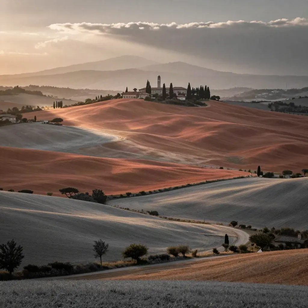 Paesaggio della Lombardia al tramonto con campi, Prealpi lontane e un campanile minuscolo.